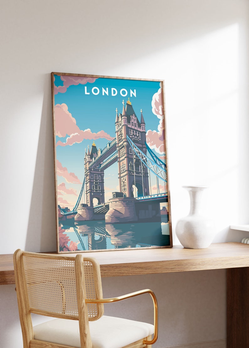 May include: A vintage-style poster with a blue and pink color scheme featuring a depiction of Tower Bridge in London, England. The poster has the word "LONDON" printed in white at the top.
