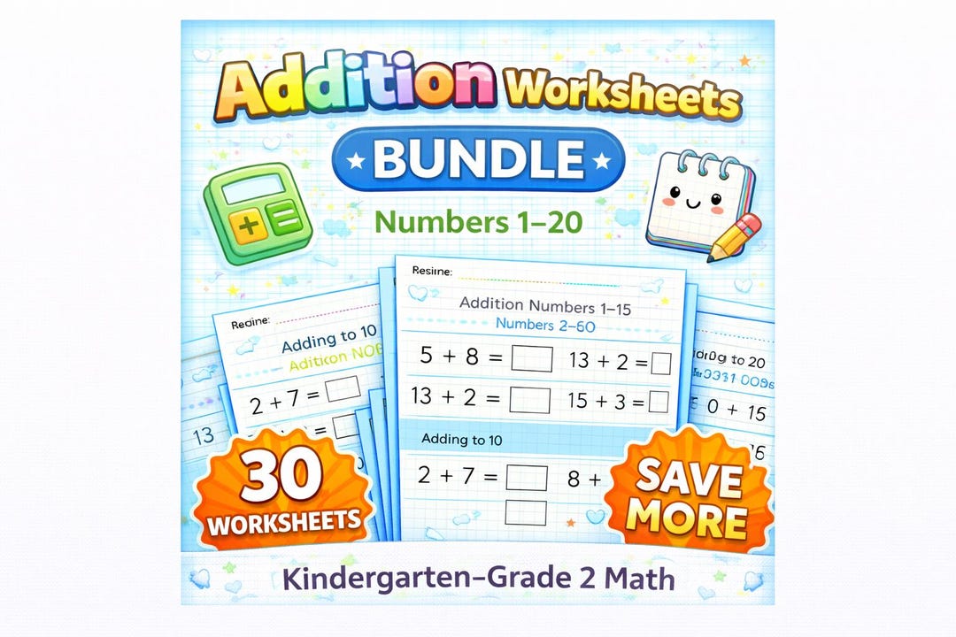 30 Printable Addition Worksheets Bundle | Numbers 1–20 | Kindergarten ...