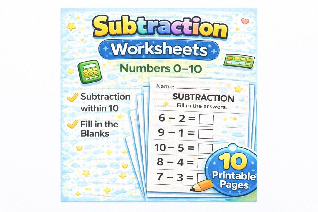 10 Printable Subtraction Worksheets | Fill in the Blanks | Within 10 ...