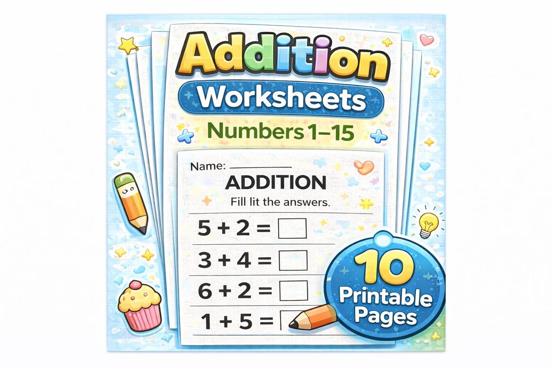10 Printable Addition Worksheets | Fill in the Blanks | Numbers 1–15 ...