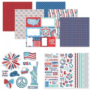 May include: A collection of patriotic themed scrapbook paper and stickers. The paper features red, white, and blue patterns, including stars, stripes, and floral designs. Stickers include the Statue of Liberty, flags, and text like "Sweet land of liberty."