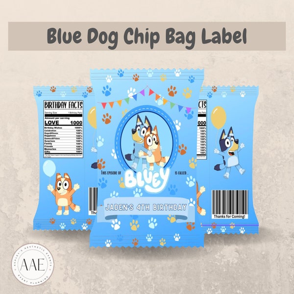 Blue Dog Chip Bag Label | Blue Dog Party Chip Bag | Editable Template on Canva | Digital Download