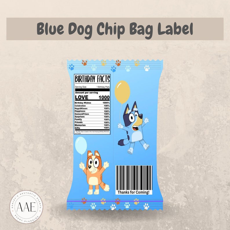 Blue Dog Chip Bag Label Blue Dog Party Chip Bag Editable Template on