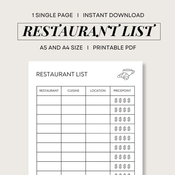 Restaurant List Template I A5 and A4 Size I Instant Downloadable Printable