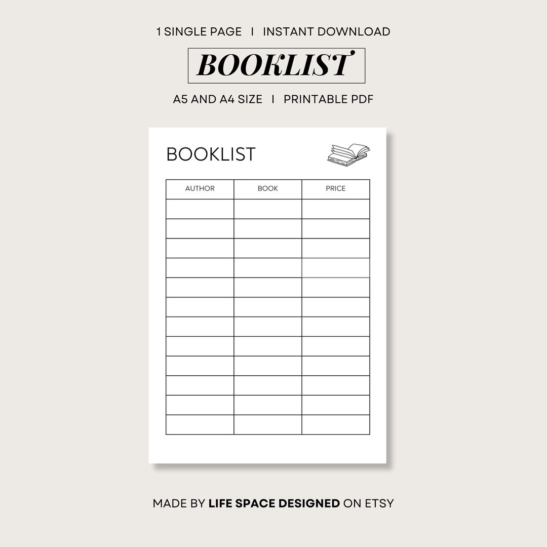 Booklist Template I A5 and A4 Size I Instant Downloadable Printable - Etsy