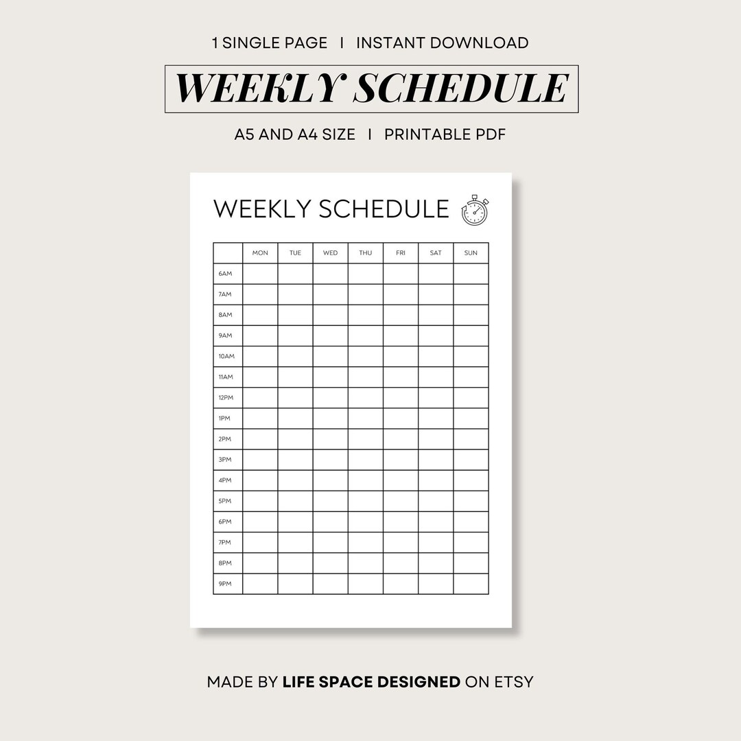 Weekly Schedule Template I A5 and A4 Size I Instant Downloadable ...