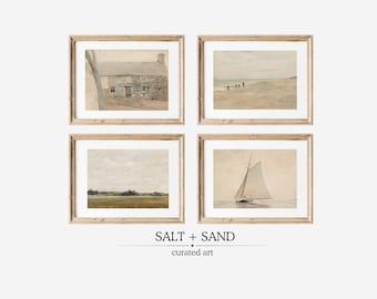 Eclectic Vintage Gallery Set of 4 l Tonal Painting l Muted Seascape Painting | Soft Coastal Landscape l Vintage Coastal Farmhouse Gallery