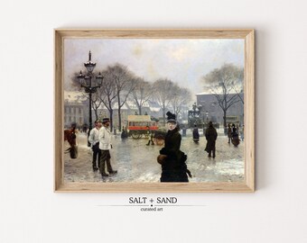 Victorian Winter Cityscape Painting, Antique Portrait Art (Printable)