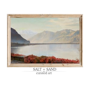 Scenic Lake Oil Painting l Lake House Decor l Serene Mountain Print l Landscape Wall Art | Vintage Oil Painting l French Country Decor