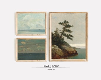 Conjunto de 3 láminas artísticas de paisajes costeros y marinos, láminas vintage de casas junto al lago (descarga digital)