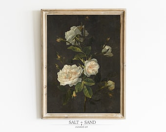 Dark Academia White Roses Floral Print | Antique Botanical Art (Digital Download)