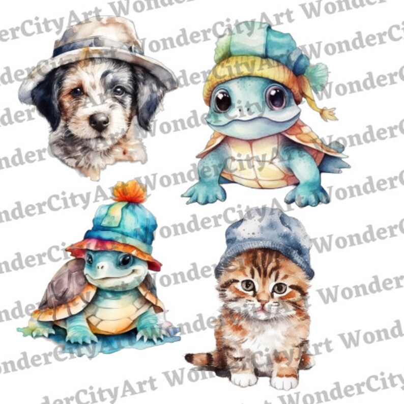 15 Cute Hat Animal Clip Art PNG Files Water Colour Clip Art - Etsy