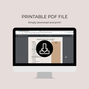 May include: A computer screen displaying a printable postpartum checklist PDF file. The checklist includes sections for clothing, breastfeeding equipment, and other essentials. A download icon is highlighted in the center of the screen.