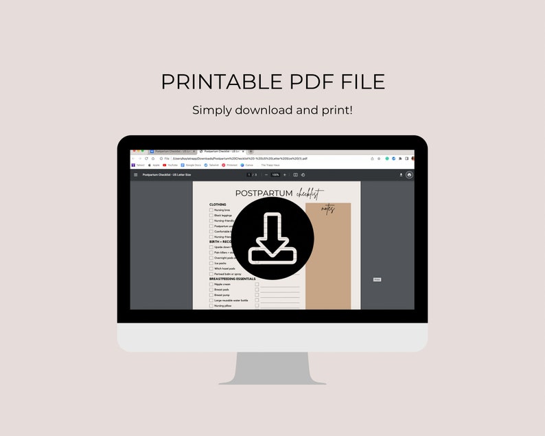 May include: A computer screen displaying a printable postpartum checklist PDF file. The checklist includes sections for clothing, breastfeeding equipment, and other essentials. A download icon is highlighted in the center of the screen.