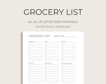Minimalist Grocery List Printable, Weekly Meal Planner (Digital Download)