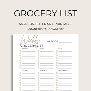Liste d&#39;épicerie imprimable, liste de courses, planification des repas, planificateur de repas hebdomadaire, planificateur de repas, liste d&#39;épicerie, liste de courses alimentaires, liste de contrôle d&#39;épicerie