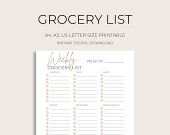 Weekly Grocery List Printable, Meal Planner (Digital Download)