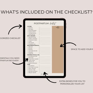 May include: A digital checklist for postpartum recovery with categories for clothing, birth recovery, breastfeeding essentials, emotional and physical care, and other. The checklist includes space for notes and extra boxes to personalize the list.