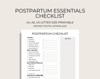 May include: A printable postpartum checklist with sections for clothing, birth and recovery, breastfeeding essentials, and emotional/physical care. The checklist includes a notes section on the right side of the page.