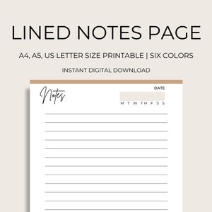 Printable Notes Page, Lined Notes Page, Print at Home Planner Pages, Colored Notes Pages, Printable Note Taking Pages, Notes Page Printable