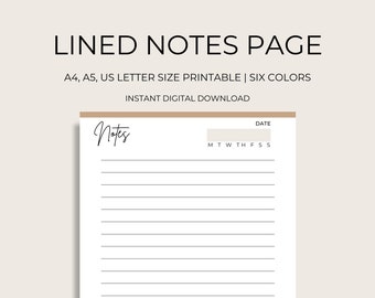 Könnte beinhalten: Eine druckbare, linierte Notizseite mit dem Wort "Notes" oben und einem Platz für das Datum. Die Seite enthält auch eine Reihe von Buchstaben für die Wochentage: M, Di, Mi, Do, Fr, Sa, So.