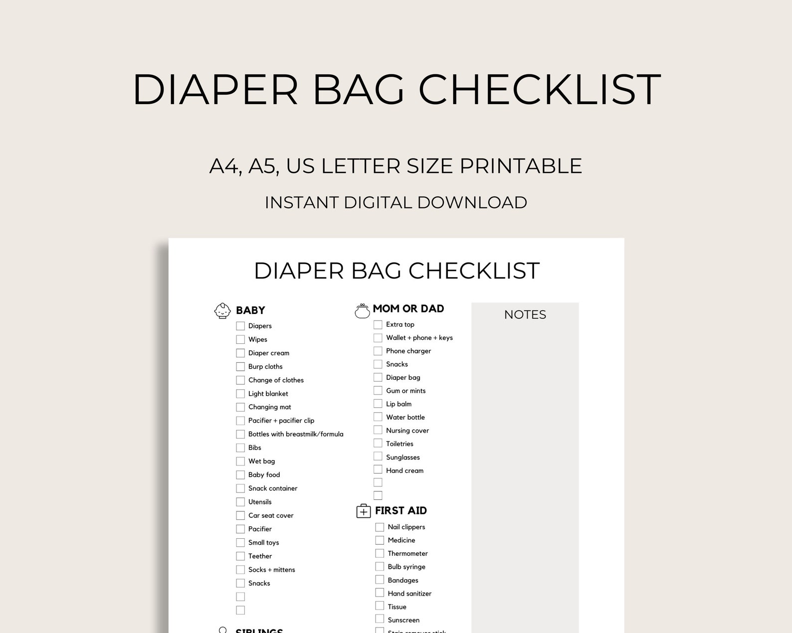 Minimalist Diaper Bag Checklist, Diaper Bag Checklist, Baby Bag