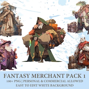 Clipart Fantasy Merchant-personagepakket | DPI-bestanden 100+ digitale download - pakket 1