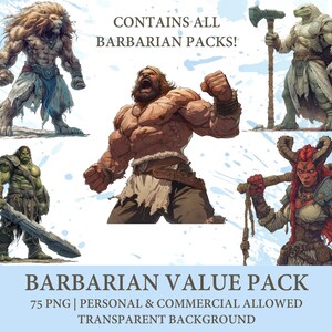 May include: A digital illustration set of 75 barbarian characters, including a lion, a lizard, a green ogre, and a red-haired woman with horns. The set includes a variety of poses and expressions, and is perfect for use in tabletop role-playing games, fantasy art, or other creative projects. The text on the image reads "CONTAINS ALL BARBARIAN PACKS!" and "BARBARIAN VALUE PACK 75 PNG | PERSONAL & COMMERCIAL ALLOWED TRANSPARENT BACKGROUND".