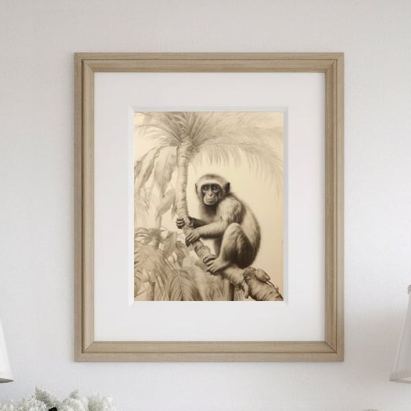 Palm Tree Monkey | Colonial Home Decor |  Vintage Interior Design | Antique Poster | British Colonial Art | Sepia sketch in charcoal