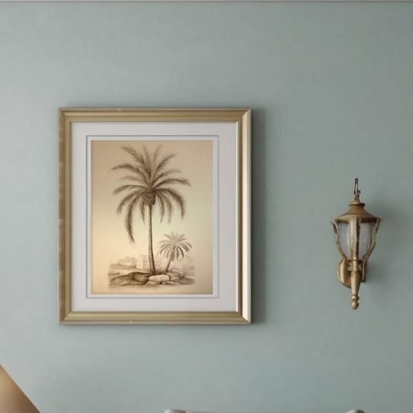 British Colonial Date Palm | Vintage Home Decor Idea | British Colonial Wall Hanging | Pencil and Charcoal on Aged Parchment Style Look