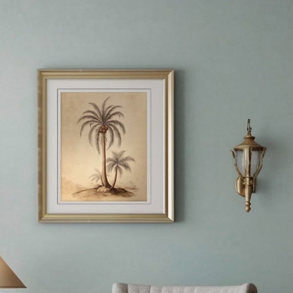 Coconut Palm Trio | Three Palm Trees on the Shore | Colonial Style Home Decor | Pencil and Charcoal Drawing in Subdued Colors