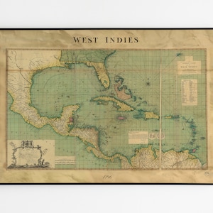 Mapa de las Indias Occidentales de 1796 / Mapa antiguo colonial británico genuino para descarga digital / Arte de pared vintage de las Indias Occidentales, incluidas las Bahamas