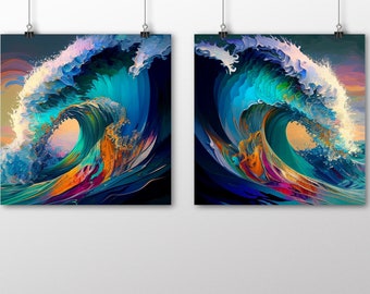 Matching set of Crashing Waves | Beautiful Modern Beach Themed Coastal Art | Stunning Ocean Wall Print for Square or Circular Frames