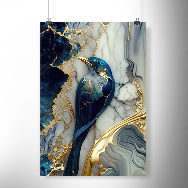 Marbled Bird 2 | Stunning Centrepiece Wall Art | Interior Designer Art for the Home Decorator | Gold Veined Marble Optical Illusion