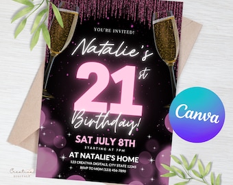 21st Birthday Invitation Electronic | Editable Template | Digital Download | Digital Party Invite | 21 For Her | Twenty One | Neon Hot Pink
