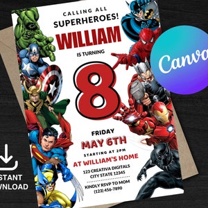 Superhero Invitation Avengers Party Editable Superheroes Party Invite Template Marvel Editable Birthday Party Invitation for Boys image 1