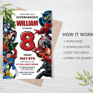 Invitation de super-héros Fête des Avengers modifiable d'invitation à une fête de super-héros Faire-part d'anniversaire modifiable Marvel pour garçons image 2