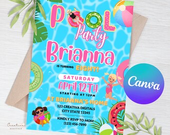 Invitation d'anniversaire de fête de piscine | Fête de la natation | Fête à la piscine été | Invitation de fête de piscine | Invitation à la fête d'été | Modèle modifiable