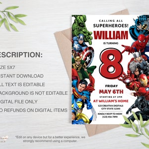 Superhelden-Einladung Avengers Party Bearbeitbar Superhelden-Party einladen Vorlage Marvel-bearbeitbare Geburtstagsfeier-Einladung für Jungen Bild 3