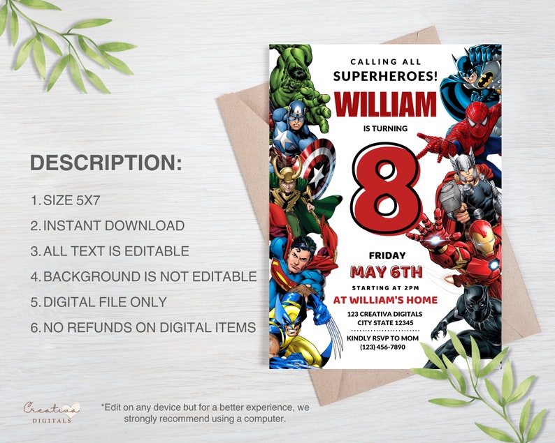 Superhero Invitation Avengers Party Editable Superheroes Party Invite Template Marvel Editable Birthday Party Invitation for Boys image 3