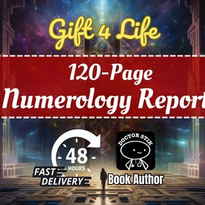 May include: A red banner with white text that reads "120-Page Numerology Report". The banner is in front of a colorful, abstract background with a person standing in the middle of the image. The text "Gift 4 Life" is in yellow at the top of the image. There is a clock with the text "48 Hours" and the words "Fast Delivery" below it. There is a logo with the text "Doctor Stik Book Author" below it.