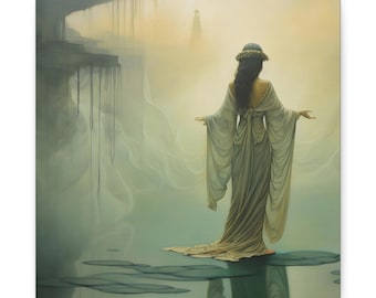 Asian Woman Dreamscape Canvas Print: Surreal Green Landscape Wall Art