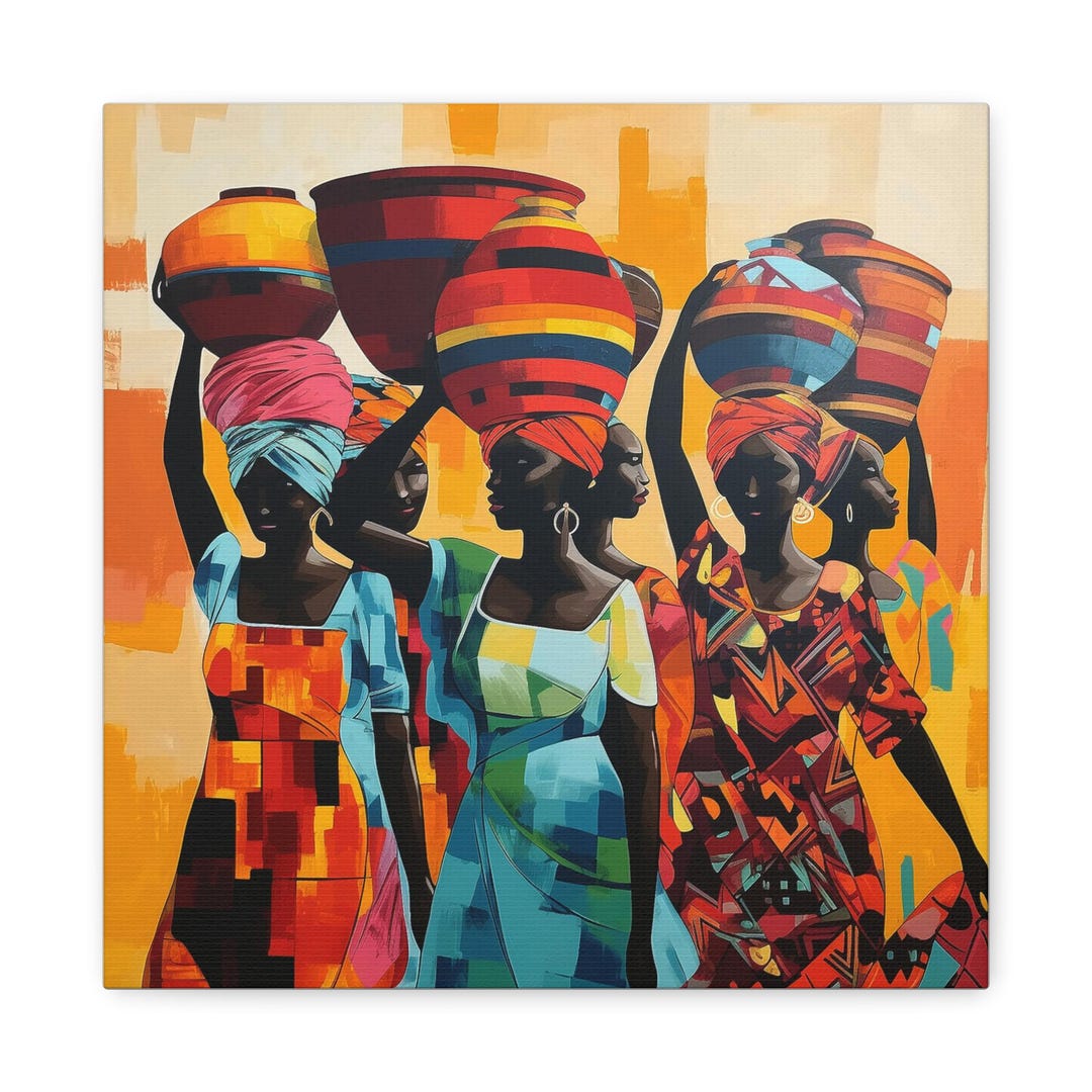 African Women Canvas Print: Colorful Water Jugs, Ethnic Wall Art