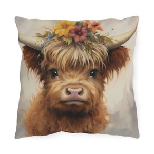 Highland Cow Accent Pillow Crown of Flowers Calf Throw Pillow Porch Patio Accent Pillow Adorable Highland Pillow Indoor Outdoor Front & Back