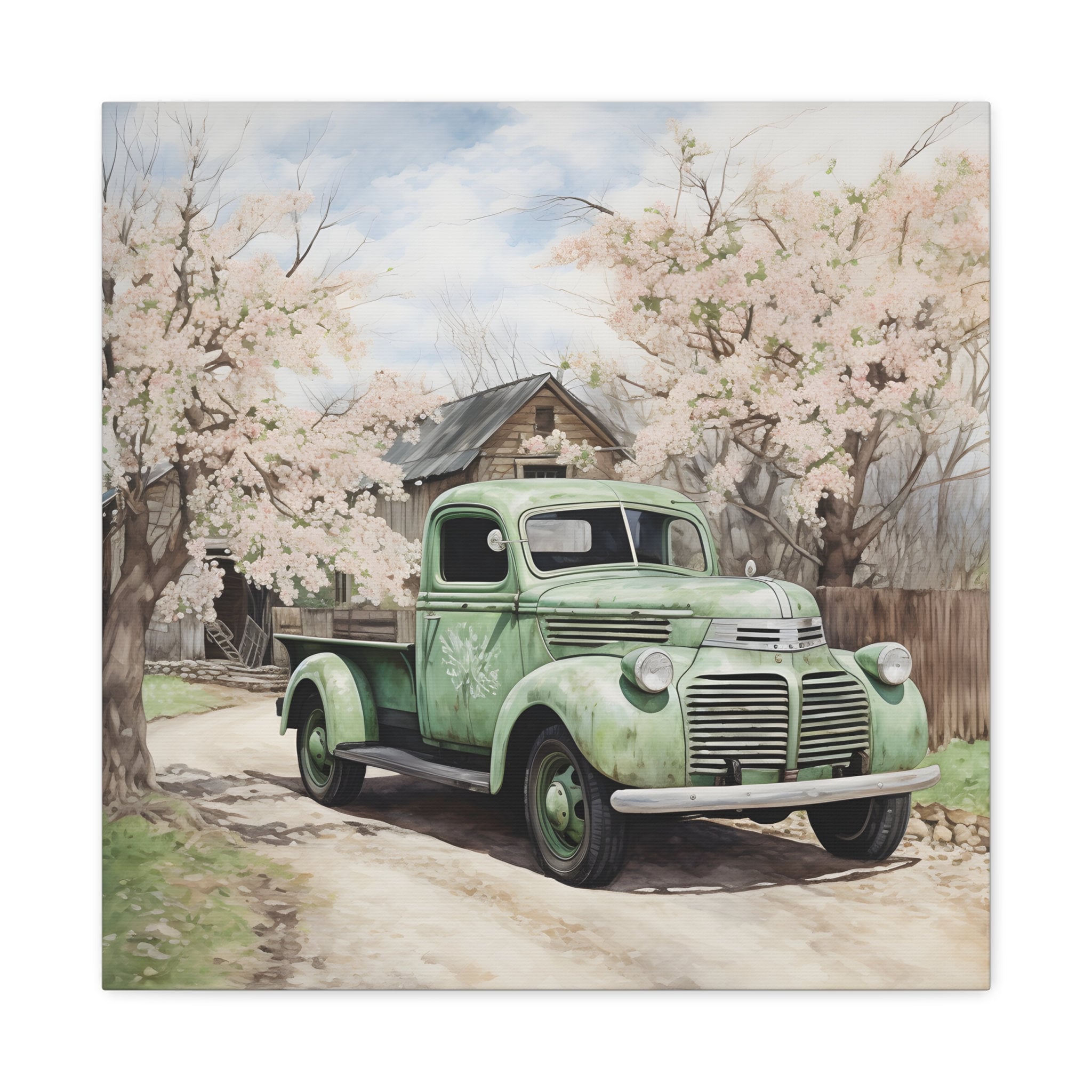 Antique Green Truck Wall Art White Blossom Art Print Mint Green Truck
