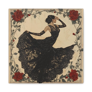 Romantic Flamenco Dancer Wall Art Spanish Dancer Art Print Flamenco Dance Artwork Beautiful Dancer Wall Art Black Lace Dress Canvas Print