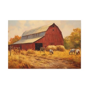Red Country Barn Wall Art Barn Grazing Cows Wall Print Antique Old Wood Barn Art Print Cattle Barn Country Wall Print Farmhouse Cows Print