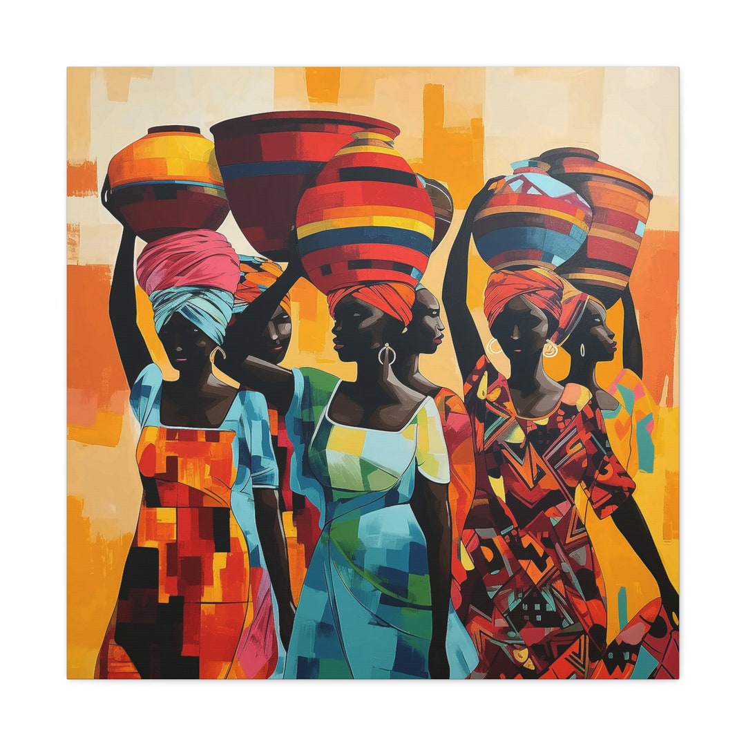 African Women Colorful Fabric Wall Art Women Water Jugs Art Print ...