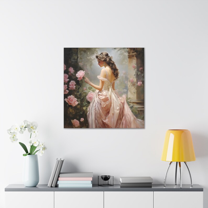 Victorian Rose Garden Wall Art Print Woman & Roses Art Print Pink