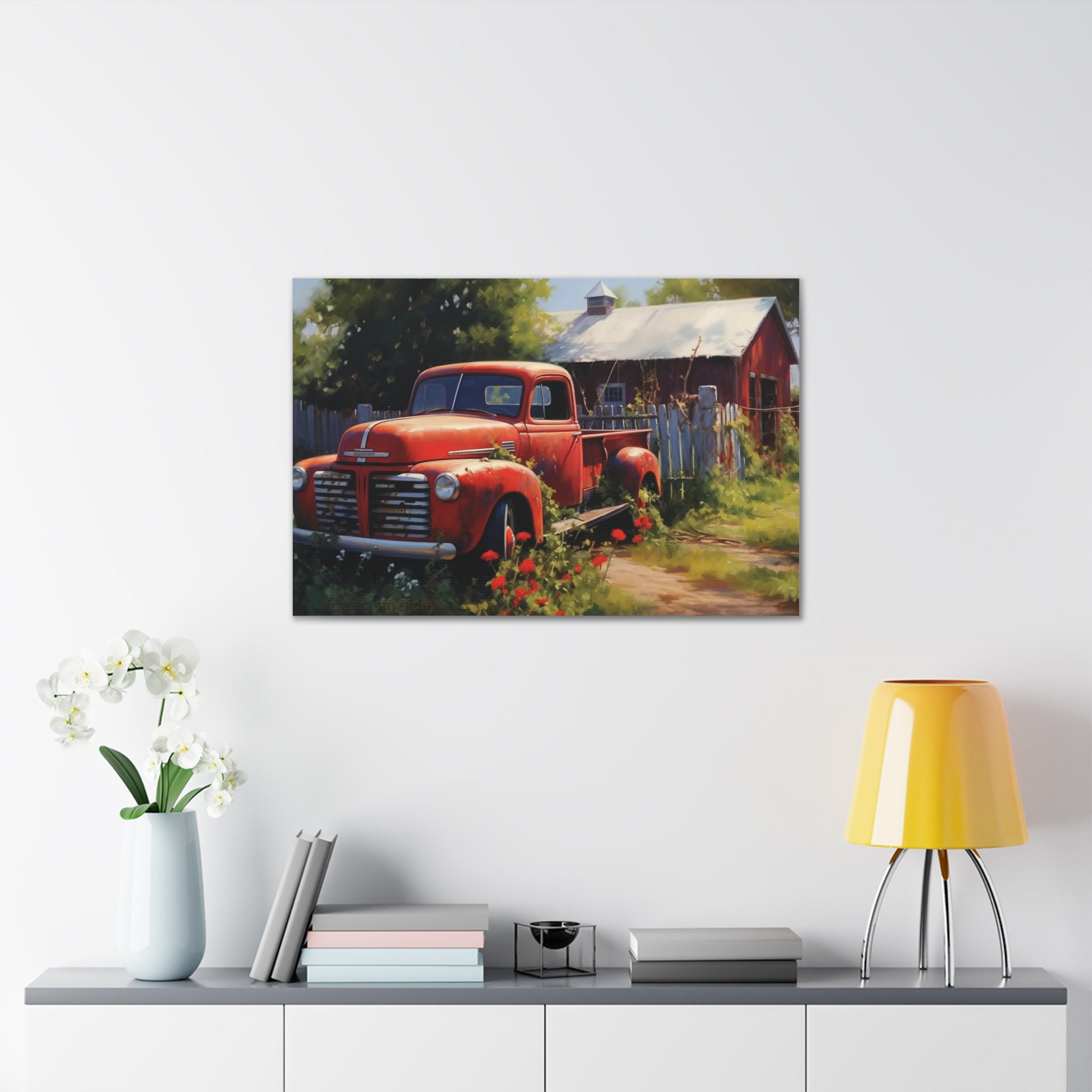 Red Antique Truck Print Farmhouse Wall Art Vintage Red Truck Print Art